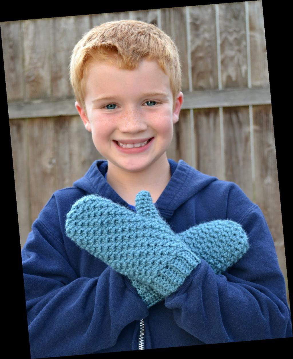 5mm) crochet hooks, stitch marker, yarn needle, scissors Size Child (Adult) Mittens stretch to fit a range of sizes.