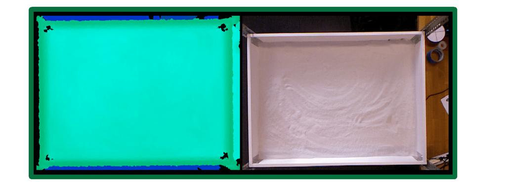 The image on the left is the depth view, the right is the standard camera view: The Augmented Reality Sandbox only uses the depth view (left), but the camera view (right) is still helpful in