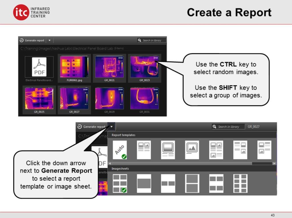 The first step of the report creation process is to select the images. If you hold down the CTRL key you can select multiple, random images in the library.