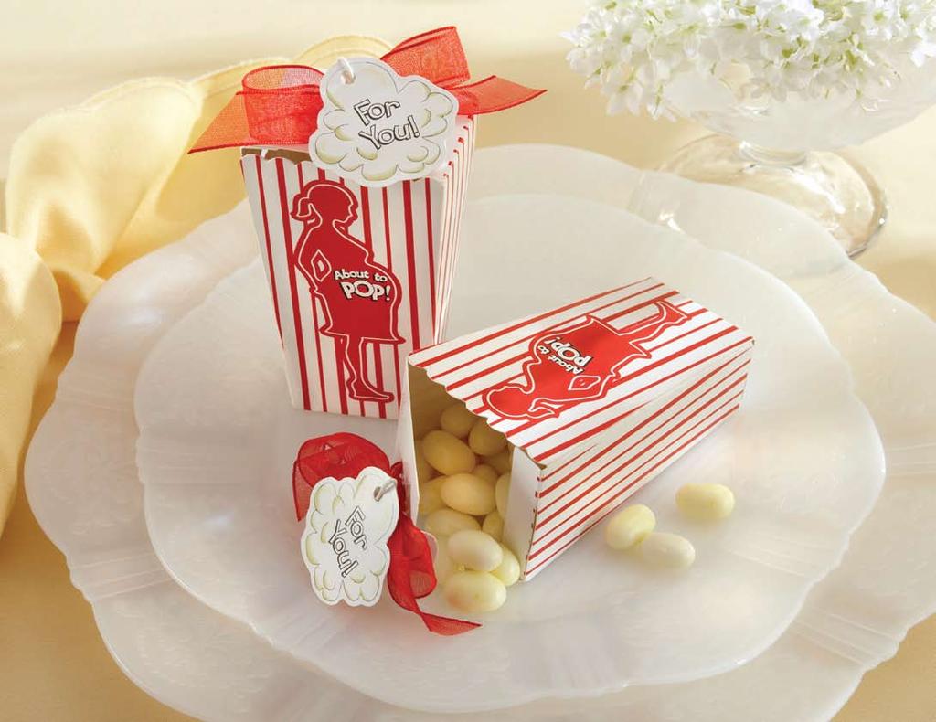theater-style, red-and-white-striped popcorn box with red silhouette of a mom-to-be and the words About to POP!