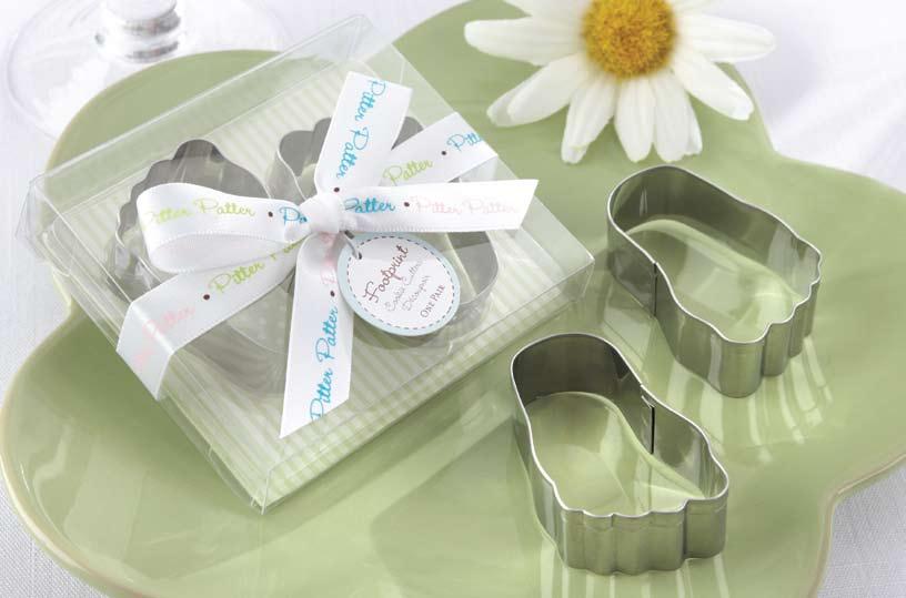Pitter-Patter Stainless-Steel Baby Footprint Cookie Cutters Two adorable baby footprint-shaped cookie cutters are gift-ready in a clear acrylic
