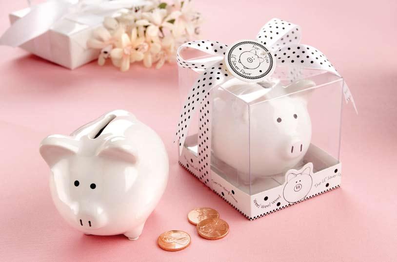 1. Li l Saver Favor Ceramic Mini-Piggy Bank in Gift Box with Polka-Dot Bow White, ceramic pig with