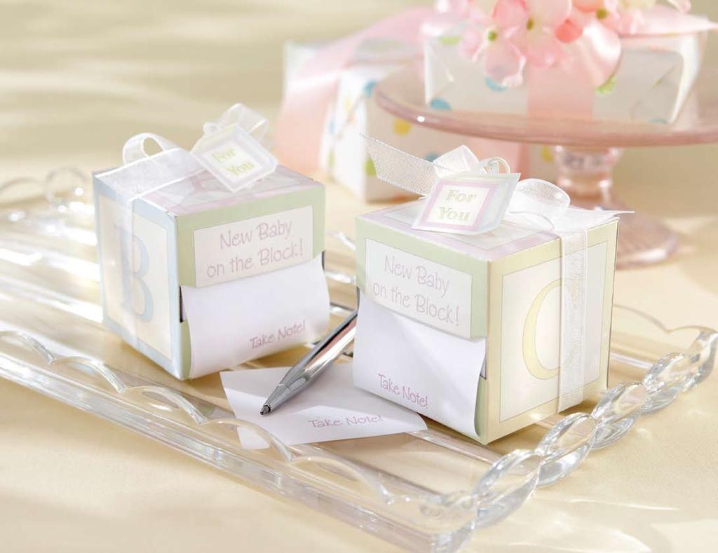 letters and borders. The white sticky notes say Take Note! in lavender. Favor measures 2 square.
