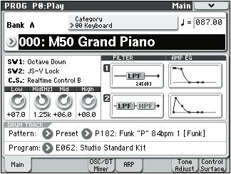 Program mode PROG P0: Play This is the main Program mode page. Here, you can: Select patterns and programs for the Drum Track Adjust the oscillator and drum track levels.
