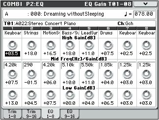 Combination mode 2 3: EQ Gain T01 08, 2 4: EQ Gain T09 16 2 3a 2 3b 2 3 Menu 2 3c These parameters adjust the three-band EQ (with sweepable mid range) for timbres 1 8 and 9 16.