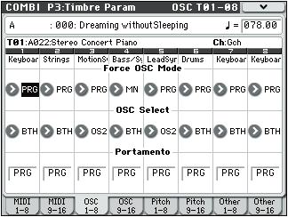 Combination mode 3 3: OSC T01 08, 3 4: OSC T09 16 3 3a 3 3b 3 3c 3 3 Menu 001 127: Portamento will be applied with the portamento time you specify here, even if it is turned off by the program