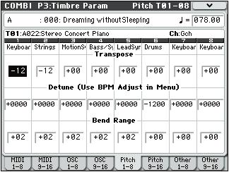 COMBI P3: Timbre Param (Timbre Parameters) 3 5: Pitch T01 08, 3 6: Pitch T09 16 3 5: Pitch T01 08, 3 6: Pitch T09 16 3 5a 3 5b 3 5c 3 5 Menu Bend Range [PRG, 24...+00.