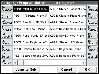 PROG P0: Play 0 1: Main Category [00...17/00...07] Here, you can select programs by category. Category/Program Select menu: Here, you can select programs by main category and subcategory.