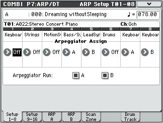 COMBI P7: Arpeggiator/Drum Track 7 1: Setup T01 08, 7 2: Setup T09 16 COMBI P7: Arpeggiator/Drum Track These parameters specify how the arpeggiator will function within the combination.