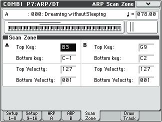 COMBI P7: Arpeggiator/Drum Track 7 5: Scan Zone (Scan Zone A/B) 7 5: Scan Zone (Scan Zone A/B) These settings specify the note and velocity ranges that will trigger arpeggiators A and B.