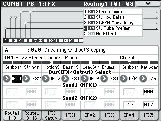 COMBI P8: IFX (Insert Effect) 8 1 1: Routing1 T01 08, 8 1 2: Routing1 T09 16 COMBI P8: IFX (Insert Effect) You can also specify the bus routing for the program used by each of the timbres, 1 16.