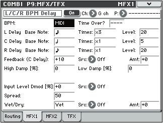 COMBI P9: MFX/TFX (Master/Total Effect) 9 2: MFX1 9 2: MFX1 9 2a 9 2 Menu MFX1 Parameters Here, you can set the effect parameters of the insert effect you chose in the P9: MFX/TFX Routing page.