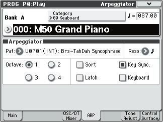 PROG P0: Play 0 5: Arpeggiator Note: The Solo On/Off setting is not saved when you write the program. Exclusive Solo [Off, On] The menu s Exclusive Solo parameter also affects the way that Solo works.