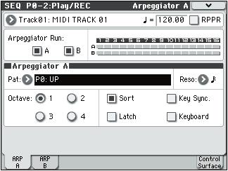 Sequencer mode SEQ P0 2: Play/REC Control 0 2 1: ARP A (Arpeggiator A), 0 2 2: ARP B (Arpeggiator B) Here, you can make arpeggiator settings for the song.