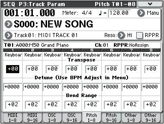 SEQ P3: Track Param (Track Parameters) 3 5: Pitch T01 08, 3 6: Pitch T09 16 Portamento [PRG, Off, 001...127] Make portamento settings for each MIDI track.