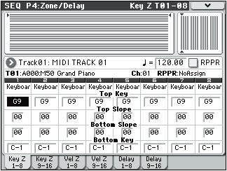 Sequencer mode SEQ P4: Zones/Delay 4 1: Key Z T01 08, 4 2: Key Z T09 16 (Keyboard Zones T01 08, T09 16) 4 1a 4 1b 4 1c 4 1d Here, you can specify the key zones in which MIDI tracks 1 8 and 9 16 will