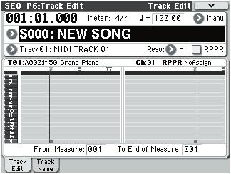 Sequencer mode SEQ P6: Track Edit 6 1: Track Edit 6 1a 6 1b 6 1c 6 1 Menu 6 1c: Track data Map, From Measure, To End of Measure Track data Map This area shows the presence or absence of performance