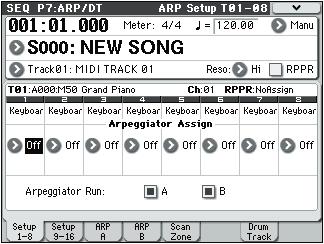 Sequencer mode SEQ P7: ARP/DT (Arpeggiator/DrumTrack) Here, you can specify how the arpeggiator will operate in Sequencer mode. These settings can be made for each song.