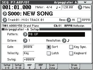 Sequencer mode 7 3: Arpeggiator A, 7 4: Arpeggiator B 7 3a 7 3b 7 3c 7 3 Menu 7 3(4)a: Location, Meter, Tempo, Tempo Mode, Song Select, Track Select, Reso, RPPR 7 3(4)b: Track Info 7 3(4): Menu