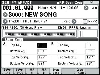 SEQ P7: ARP/DT (Arpeggiator/DrumTrack) 7 5: ARP Scan Zone 7 5: ARP Scan Zone These settings specify the note and velocity ranges that will operate arpeggiators A and B.
