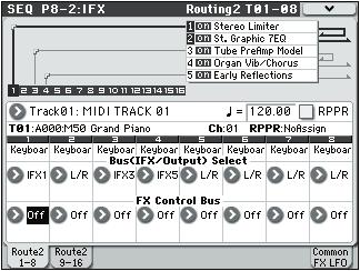 Sequencer mode SEQ P8 2: IFX Route 2 8 2 1: Routing2 T01 08, 8 2 2: Routing2 T09 16 8 2 1a 8 2 1 Menu 8 2 8: Common FX LFO 8 2 8a 8 2 8 Menu 8 2 1b 8 2 1c 8 2 8b 8 2 1d Here, you can specify the
