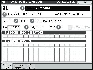 Sequencer mode SEQ P10: Pattern/RPPR Here, you can record and edit patterns, assign patterns to tracks of a song, and make RPPR (Realtime Pattern Play/ Recording) settings.