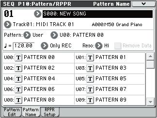 Sequencer mode 10 2: Pattern Name 10 3: RPPR Setup 10 2 Menu 10 3 Menu 10 3a 10 2a 10 3b 184 10 2a: Location, Song Select, Track Select 10 2b: Pattern, Pattern Select, Tempo, Metronome, Reso, Remove