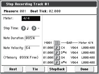 Sequencer mode 196 Location within the measure (beat, clock) Velocity Note number 3. In Meter, set the time signature. This will show the time signature that has already been set for the measure.