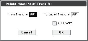 Sequencer: Menu Command Delete Measure If you execute with All Tracks unchecked, the command will be executed only on the data of the track you selected in Track Select If you check All Tracks, the