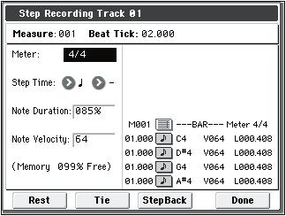 Sequencer mode Step Recording (Loop Type) Here, you can perform step recording into a pattern. This is available when a user pattern is selected. 1.