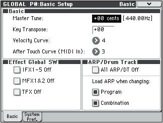 Global mode Global P0: Basic Setup 216 0 1: Basic 0 1a 0 1b 0 1c Here, you can make master tune settings, turn all effects on/ off, and make on/off settings for the arpeggiator and drum track.
