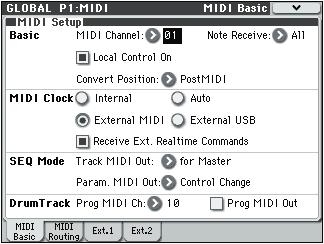 Global mode Global P1: MIDI 1 1: MIDI Basic 1 1a Here, you can make MIDI-related settings that affect the entire M50.