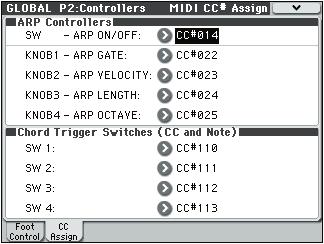 Global P2: Controllers 2 2: MIDI CC# Assign Note: With the Program Up/Down method, you won t be able to select programs while the Bank/Program Select or Category/Program Select menus are open.