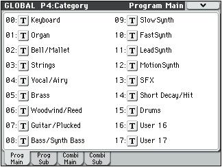 Global mode Global P4: Category Programs, and Combinations are organized into categories and sub-categories.