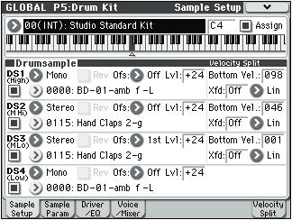 Global P5: Drum Kit 5 1: Sample Setup Global P5: Drum Kit Here, you can create drum kits by assigning a drum instrument (drum sample) to each key.
