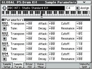 Global P5: Drum Kit 5 2: Sample Parameters Lyr(Layer) means that the two drum samples will be layered together, both at full volume, for the entire range of the crossfade.