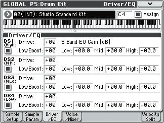Global mode DS2(M Hi): (Drumsample2 Mid High) DS3(M Lo): (Drumsample3 Mid Low) DS4(Low): (Drumsample4 Low) Here, you can edit the sample parameters for the second, third, and fourth drum samples.