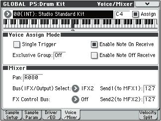 Global P5: Drum Kit 5 4: Voice/Mixer 5 3: Menu Command 0: Write Drum Kits p.255 1: Rename Drum Kit p.255 2: Copy Drum Kit p.255 3: Copy Key Setup p.255 4: Swap Key Setup p.