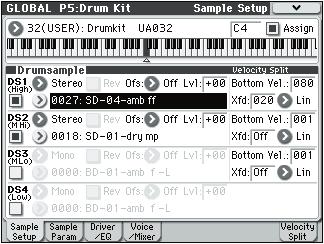 Creating a velocity crossfade For this key, let s create a simple velocity crossfade between two stereo drumsamples. 1. On the left side of the page, make sure that DS1 and DS2 are turned On.