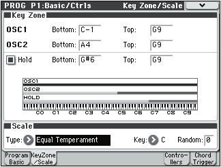 PROG P1: Basic/Ctrls (Basic/Controllers) 1 2: Key Zone/Scale 1 2: Key Zone/Scale 1 2a 1 2b Here, you can make the following settings. Make keyboard split settings for OSC1, OSC2, and Hold.