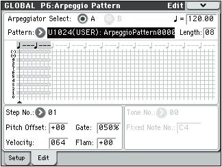 Global mode Creating a user arpeggio pattern About user arpeggio patterns The patterns that can be selected on the M50 s arpeggiator are called arpeggio patterns.