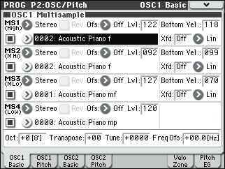 PROG P2: OSC/Pitch 2 1: OSC1 Basic PROG P2: OSC/Pitch These pages control the first and most basic elements of sounds: the Multisamples that the oscillators play, and the pitch at which it plays them.
