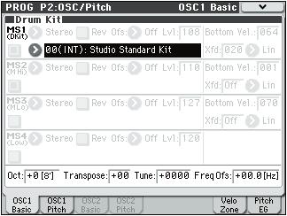 PROG P2: OSC/Pitch 2 2: OSC1 Pitch 2 1b: OSC1 Multisample Oscillator Mode Drums MS1 (DKit) 2 2: OSC1 Pitch 2 2a 2 2 Menu 2 1b 2 1 Menu 2 2b 2 2c 2 2d These parameters appear when the Oscillator Mode