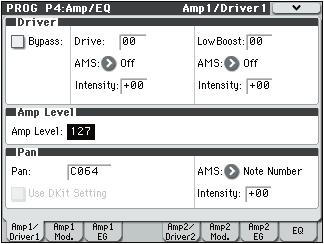 PROG P4: Amp/EQ 4 1: Amp1/Driver1 PROG P4: Amp/EQ Oscillators 1 and 2 have separate controls for volume (also called amplitude, or amp for short); pan; and Drive; as well as dedicated amp envelopes