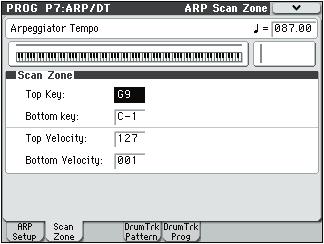 PROG P7: ARP/DT (Arpeggiator/Drum Track) 7 2: ARP Scan Zone 7 2: ARP Scan Zone 7 2a 7 2b 7 2 Menu 7 2: Menu Command 0: Write Program p.73 1: Exclusive Solo p.