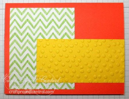 Watercolor Wonder DSP, and one 4 x 2 piece of Daffodil Delight card stock. Fold the Calypso Coral piece in half to make the card base.