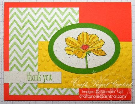Watercolor the flower using the Blender Pen, the same way as the first card, using the following ink pads Daffodil Delight, Crushed Curry, Calypso Coral, and Gumball Green.