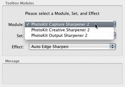 Selecting the Toolbox Module for Capture Sharpener 2. Selecting the Set under the Creative Sharpener 2 Module. Selecting the Effect under the Inkjet Output Sharpeners, Set.