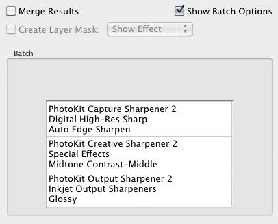 In this example, 3 sharpening effects have been added to the batch list. You can also save a batch list and use it over again.