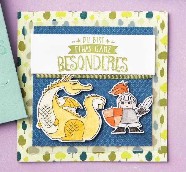 KNIGHT & DRAGON CARD (4-1/4" x 4-1/4") (11 x 11 cm) Zauberhafter Tag (Magical Day/Journée magique) Stamp Set; Old Olive, Shimmery White, Vellum, and Whisper White Cardstock; Myths & Magic Specialty